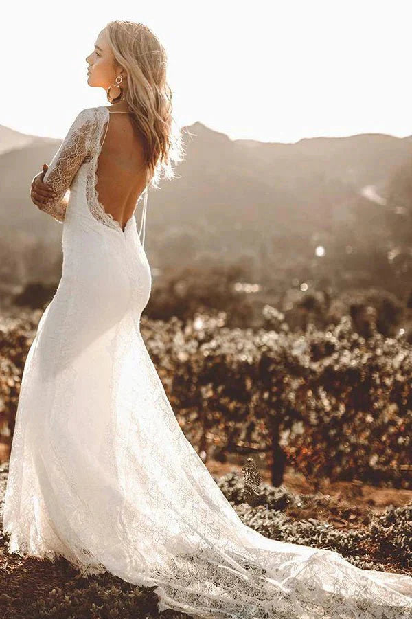 Vintage Sheath Satin V neck Long Sleeve Wedding Dress