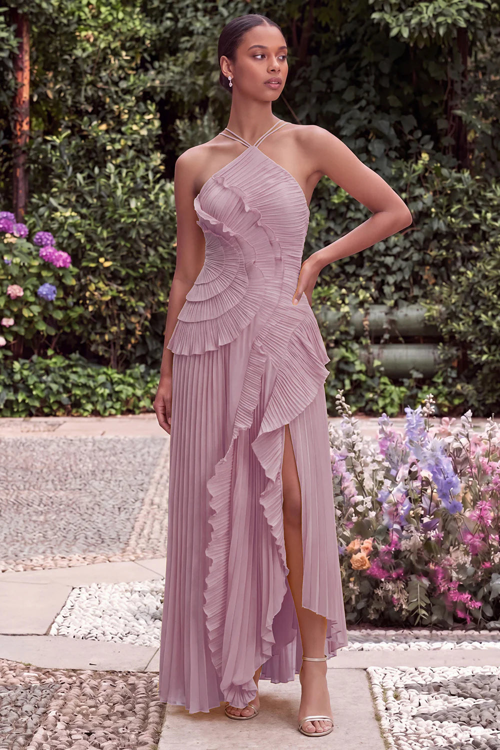 Lilac Halter A Line Pleated Ruffled Bridesmaid Dress with Slit