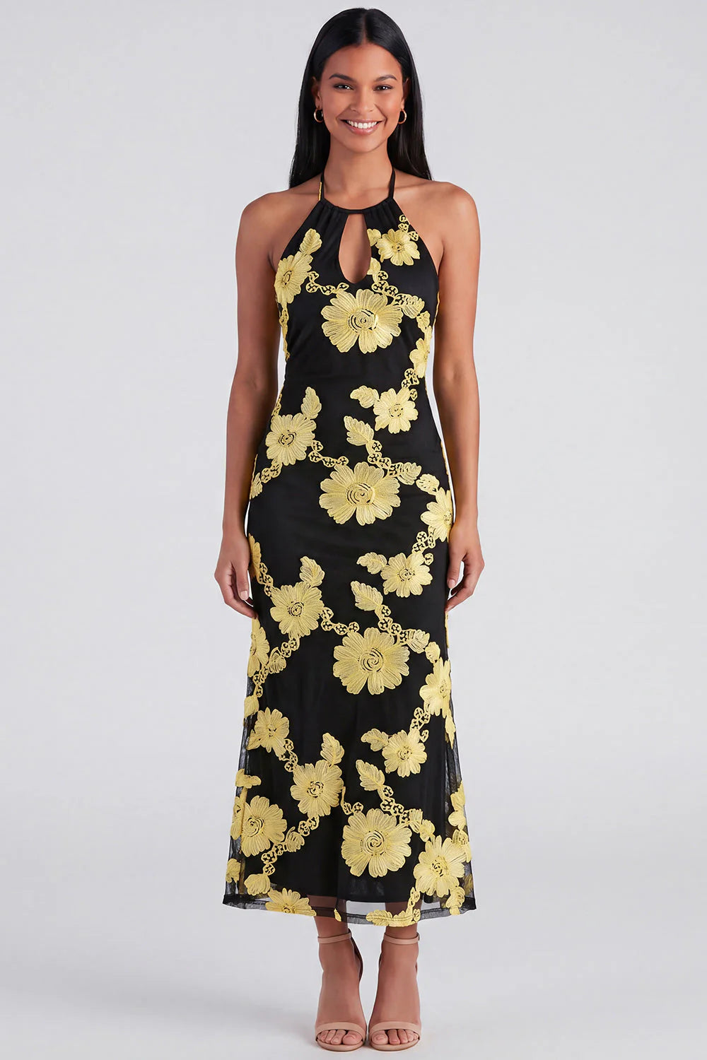 Halter Yellow Keyhole Mermaid Wedding Guest Dress with Appliques