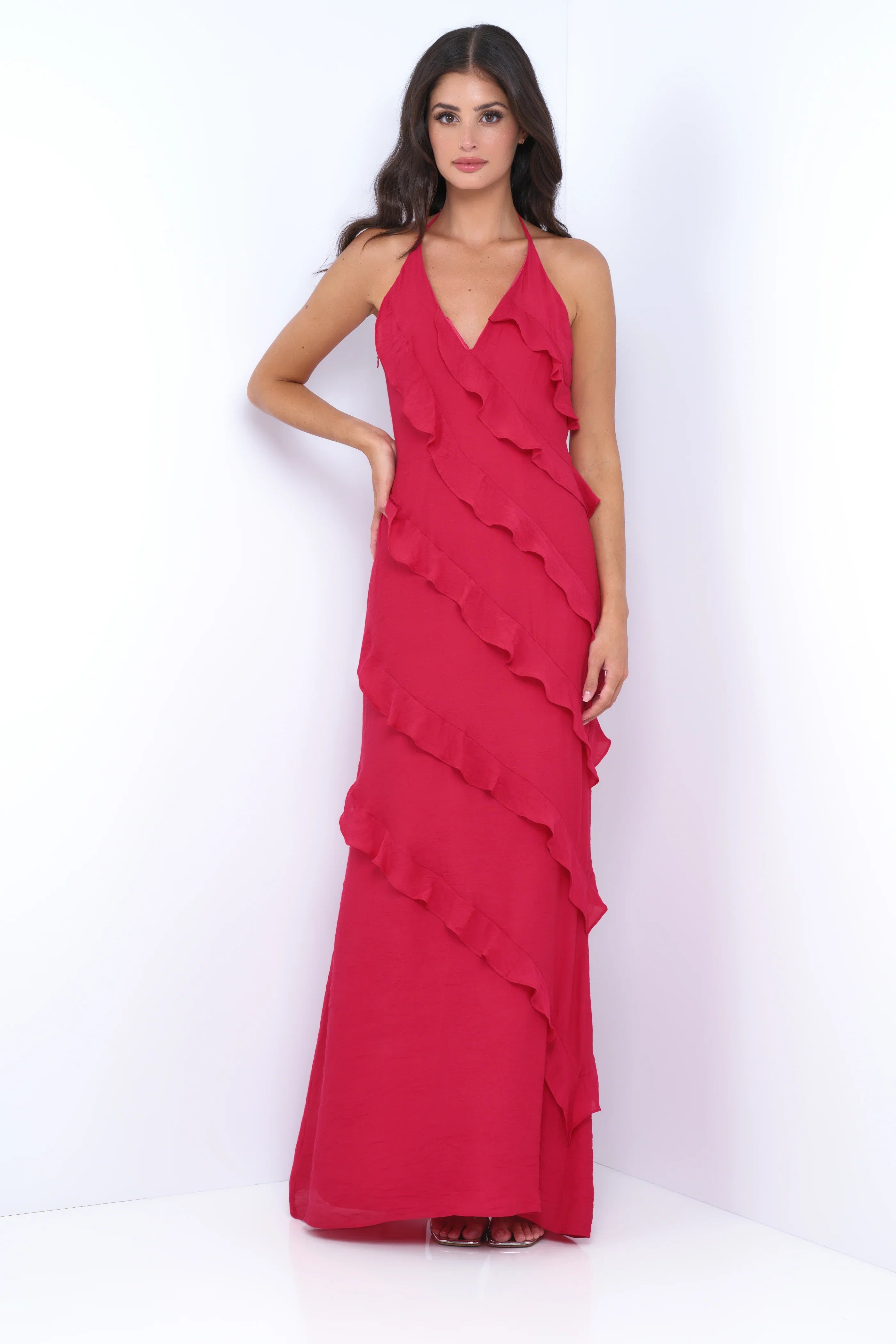 Remi Red Maxi Dress Halter Neck Open Back Ruffle Detail