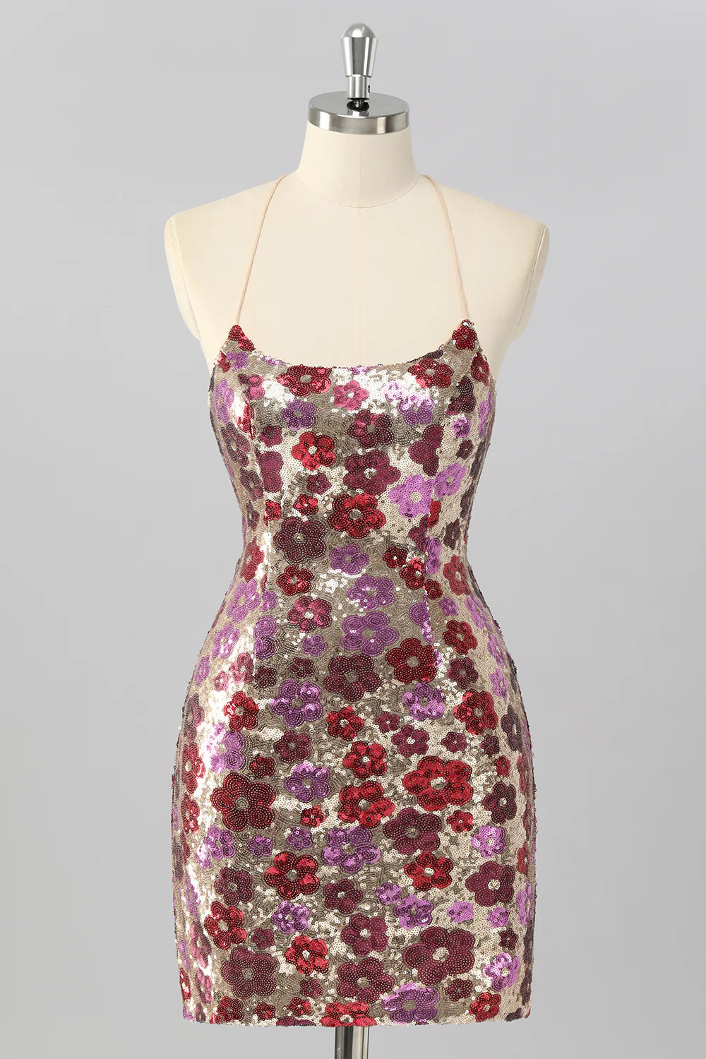 Yellow Flower Bodycon Sequins Spaghetti Straps Homecoming Dress with Lace Up Back