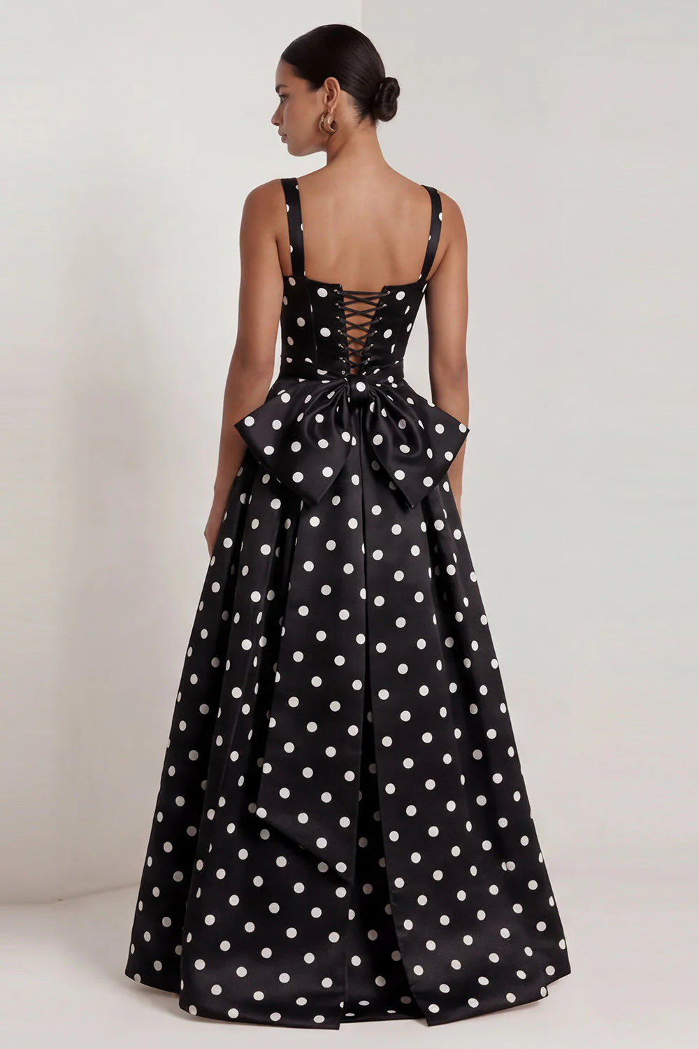 Black A Line Polka Dot Maxi Formal Dress with Bow